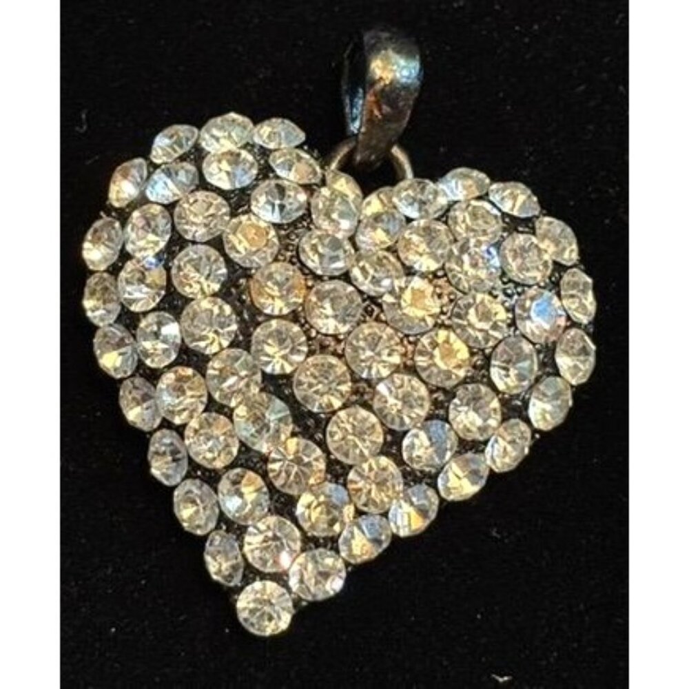 Vintage Silver Tone White Rhinestone Heart-Shaped Pendant‎ 1.5"